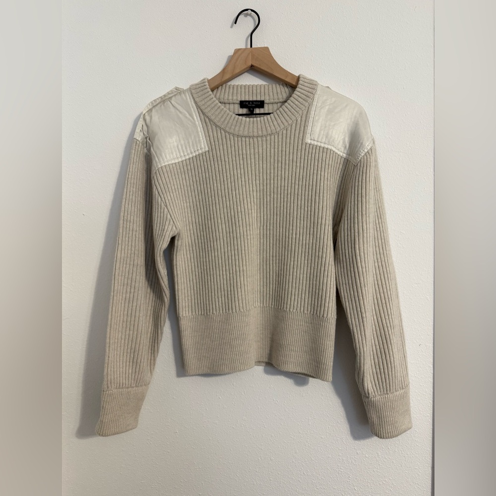 Rag & Bone Nikole Beige Cream Satin Paneled Ribbed 100% Wool Sweater - Picture 3 of 8